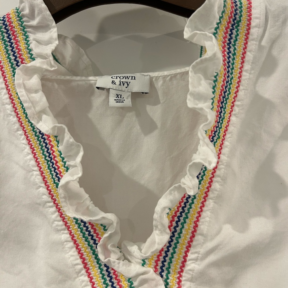Crown & Ivy White Blouse with Multicolor Trim